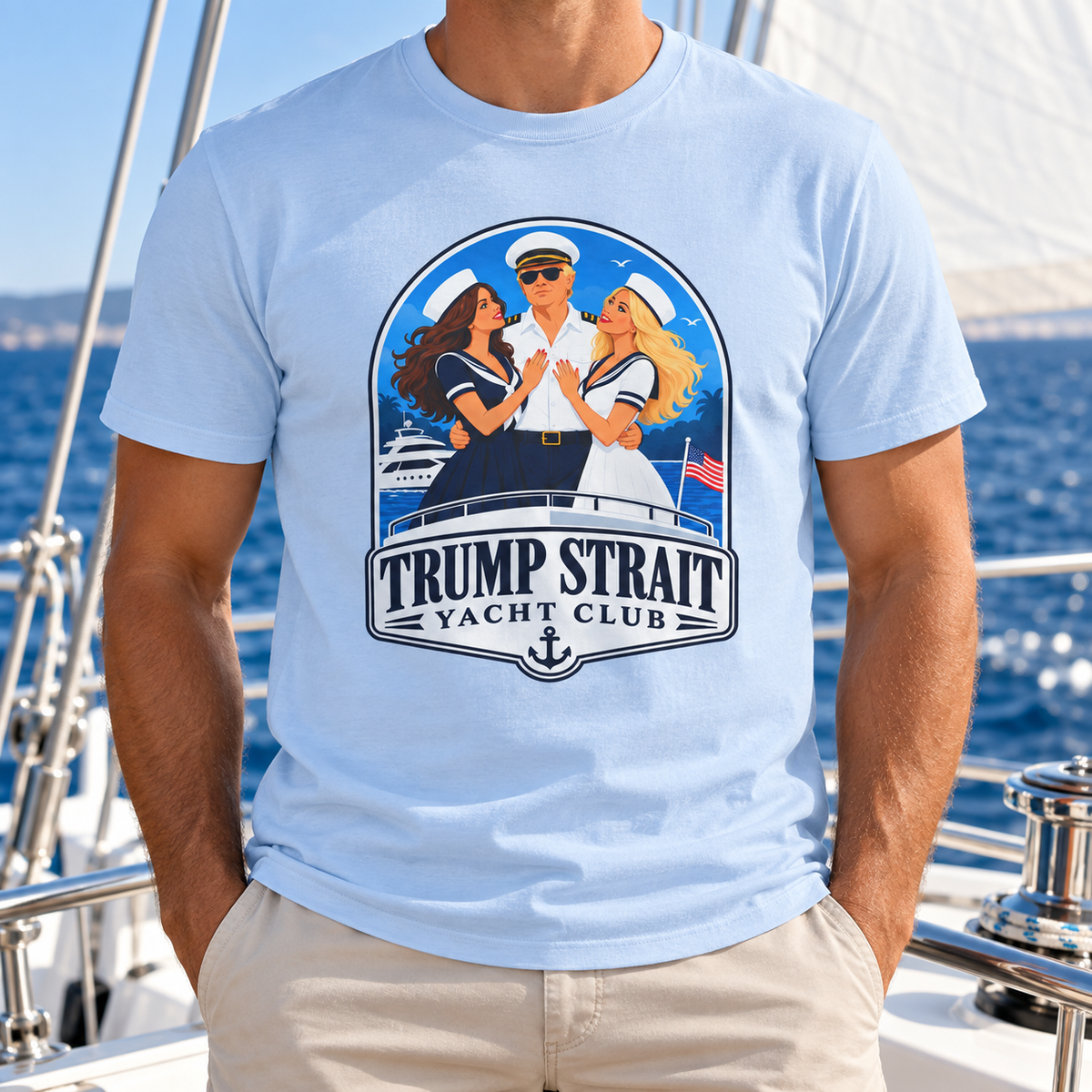 Trump Strait Yacht Club blue nautical badge T-shirt in Light Blue, male chest close-up aboard a boat