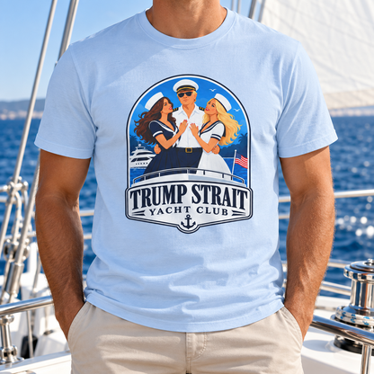Trump Strait Yacht Club blue nautical badge T-shirt in Light Blue, male chest close-up aboard a boat