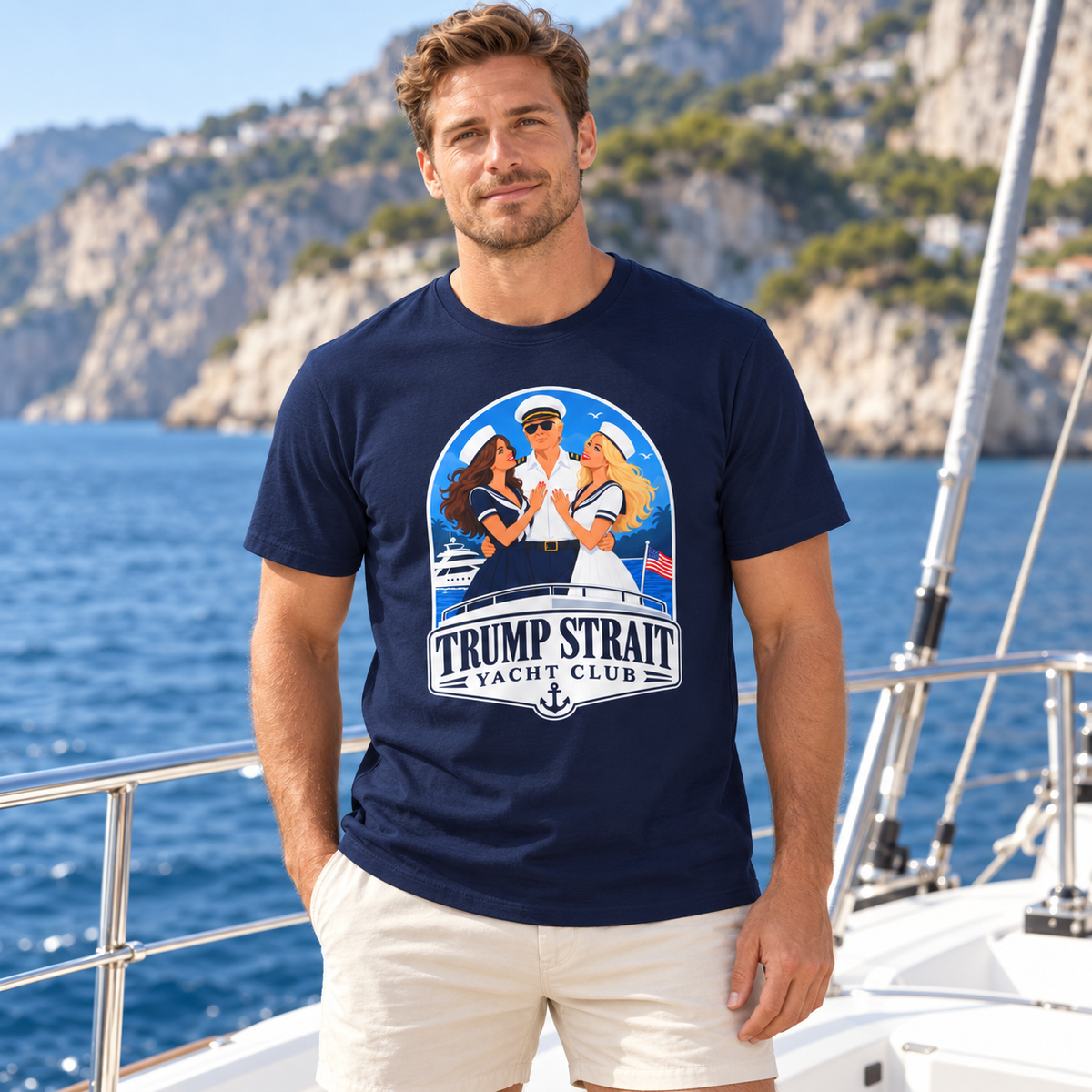 Trump Strait Yacht Club blue nautical badge T-shirt in Navy Blue, male yacht lifestyle portrait