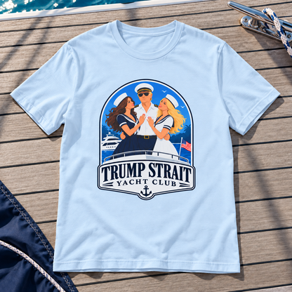 Trump Strait Yacht Club blue nautical badge shirt in Light Blue, styled wooden boat deck flat lay