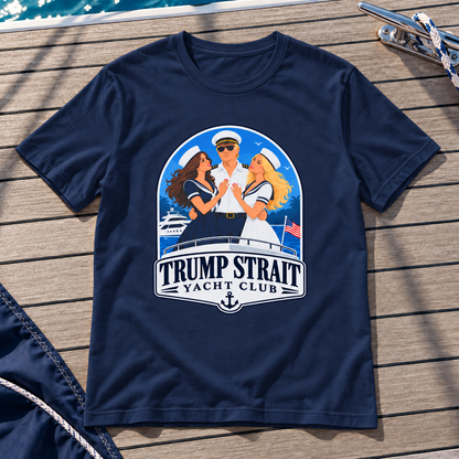 Trump Strait Yacht Club blue nautical badge shirt in Navy Blue, styled wooden boat deck flat lay
