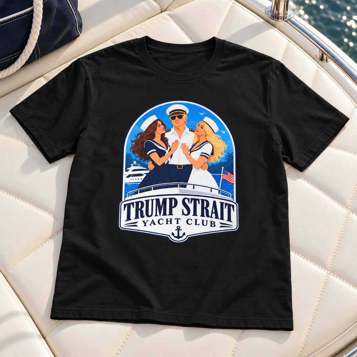 Trump Strait Yacht Club blue nautical badge T-shirt in Black, shirt-only mockup on a yacht lounge cushion