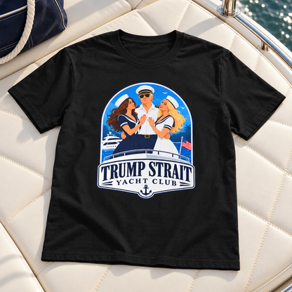 Trump Strait Yacht Club blue nautical badge T-shirt in Black, shirt-only mockup on a yacht lounge cushion