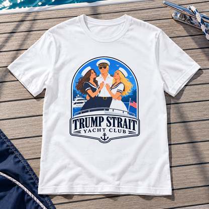 Trump Strait Yacht Club blue nautical badge shirt in White, styled wooden boat deck flat lay