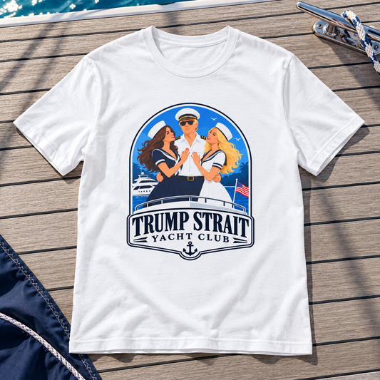 Trump Strait Yacht Club blue nautical badge shirt in White, styled wooden boat deck flat lay