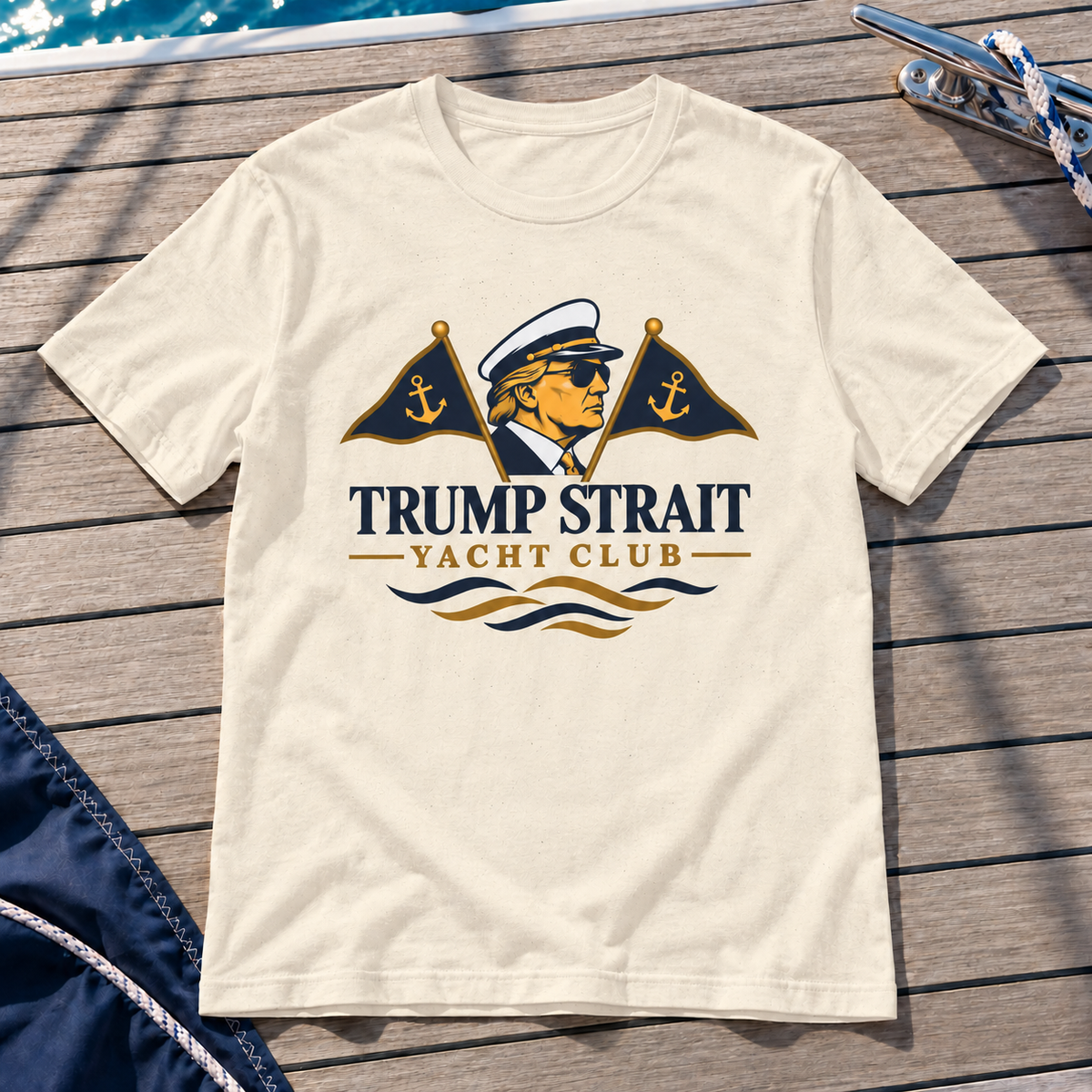 beige Trump Strait Yacht Club T-shirt on a nautical teak deck