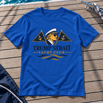 blue Trump Strait Yacht Club T-shirt on a nautical teak deck