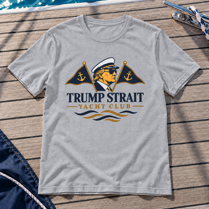gray Trump Strait Yacht Club T-shirt on a nautical teak deck