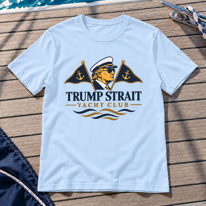 light blue Trump Strait Yacht Club T-shirt on a nautical teak deck