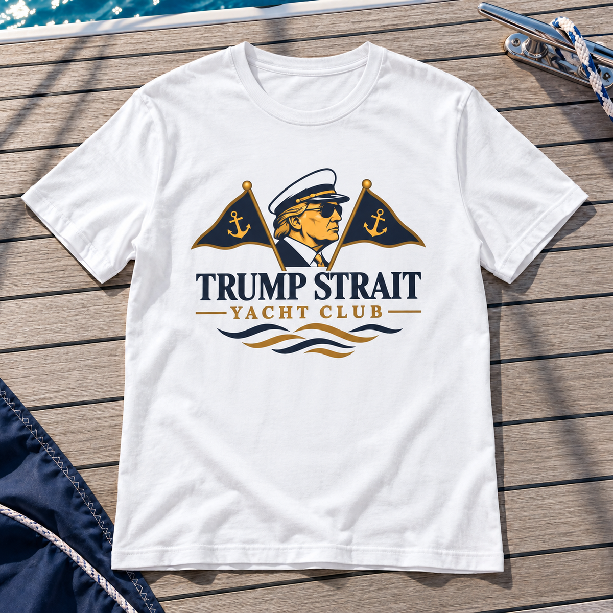 White Trump Strait Yacht Club T-shirt on a nautical teak deck