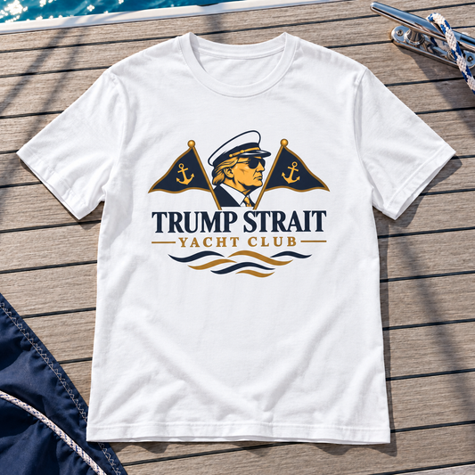 White Trump Strait Yacht Club T-shirt on a nautical teak deck