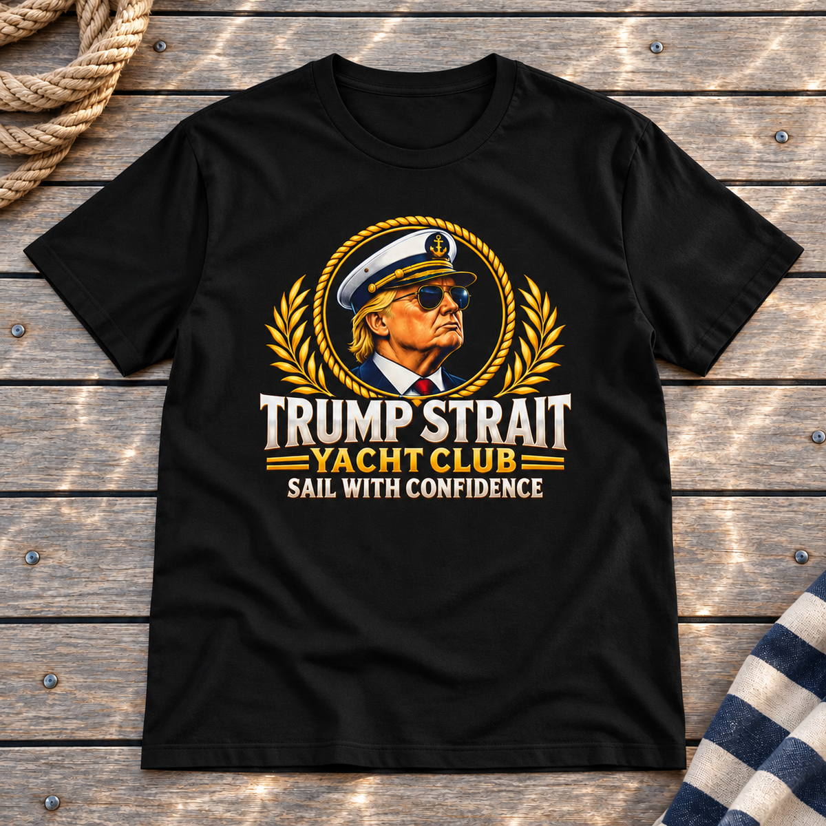 Trump Strait Yacht Club T-shirt in Black on a styled teak yacht deck with rope and striped linen
