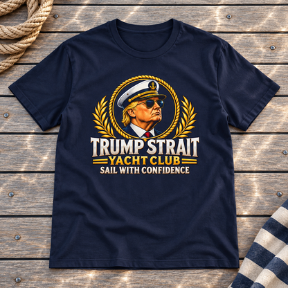 Trump Strait Yacht Club T-shirt in Navy Blue on a styled teak yacht deck with rope and striped linen