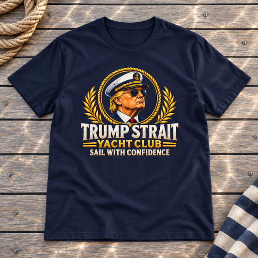 Trump Strait Yacht Club T-shirt in Navy Blue on a styled teak yacht deck with rope and striped linen