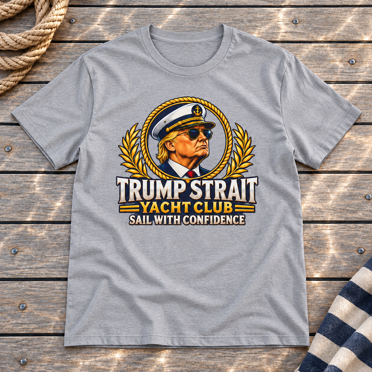 Trump Strait Yacht Club T-shirt in Gray on a styled teak yacht deck with rope and striped linen