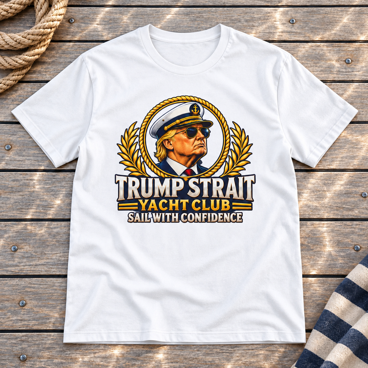 Trump Strait Yacht Club T-shirt in White on a styled teak yacht deck with rope and striped linen