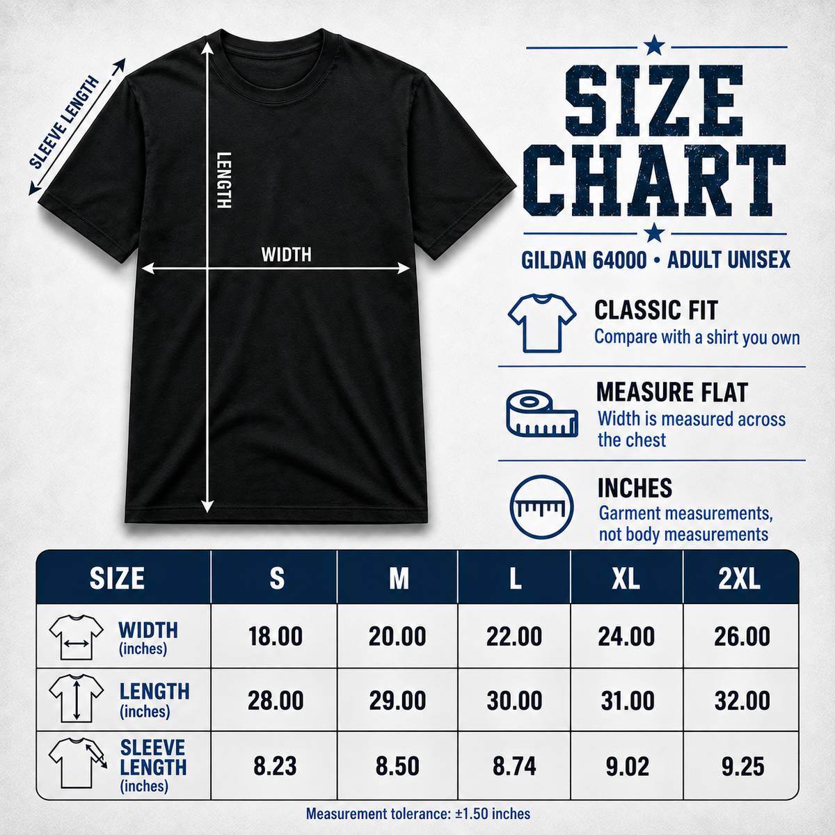 Gildan 64000 adult unisex size chart: S through 2XL, garment measurements in inches