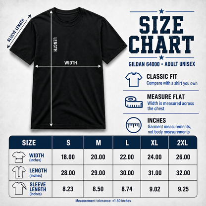 Gildan 64000 adult unisex size chart: S through 2XL, garment measurements in inches