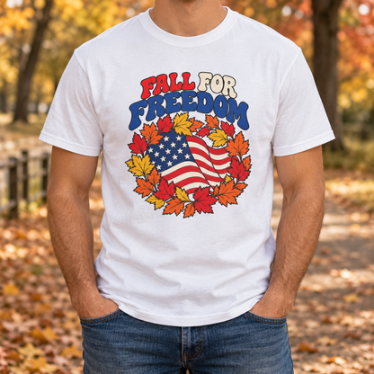 Fall for Freedom T-Shirt in White, torso model mockup