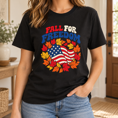 Fall for Freedom T-Shirt in Black, torso model mockup