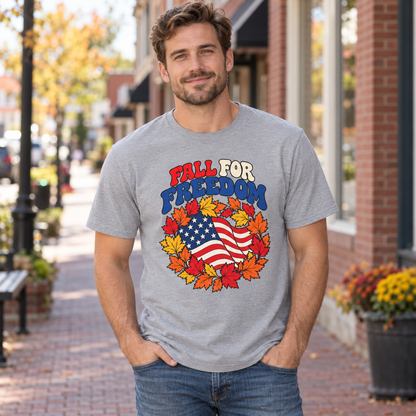 Fall for Freedom T-Shirt in Gray, lifestyle model mockup