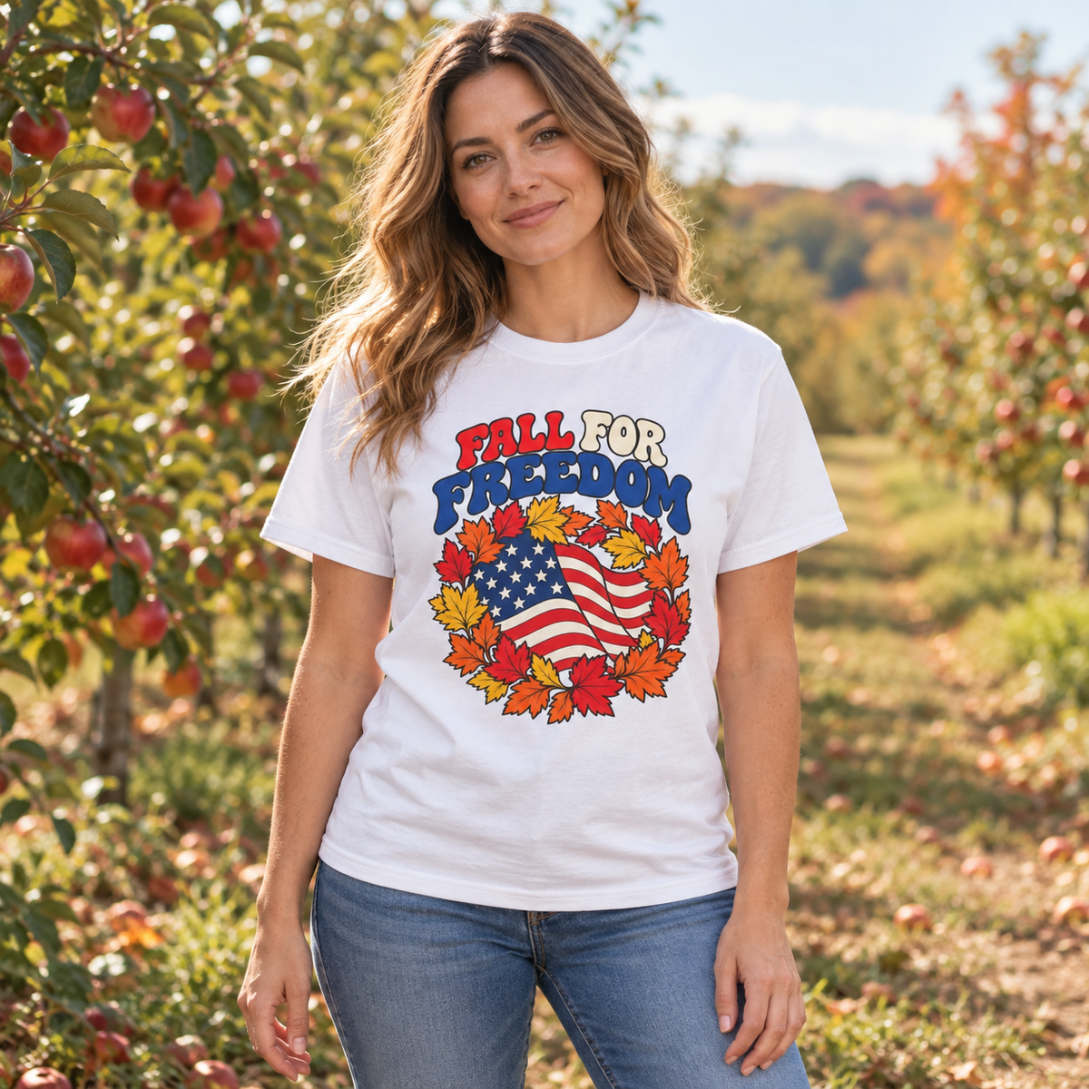 Fall for Freedom T-Shirt in White, lifestyle model mockup