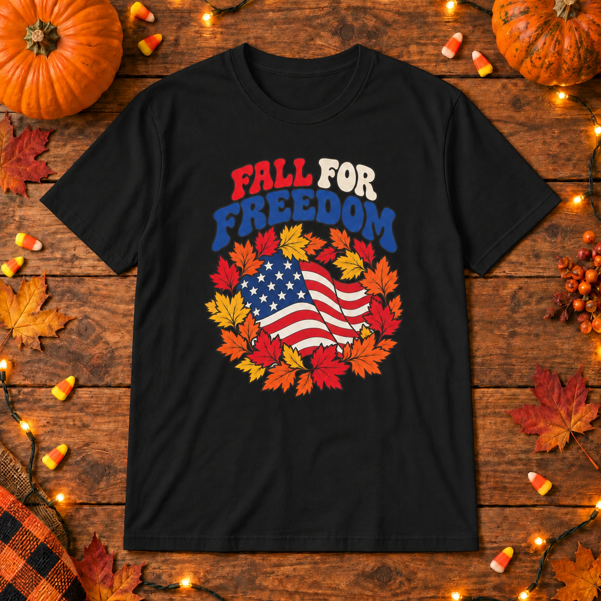 Fall for Freedom T-Shirt in Black, themed wooden flat-lay mockup