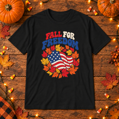 Fall for Freedom T-Shirt in Black, themed wooden flat-lay mockup