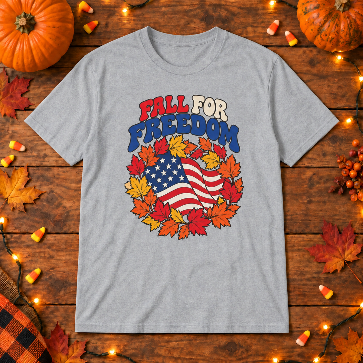 Fall for Freedom T-Shirt in Gray, themed wooden flat-lay mockup