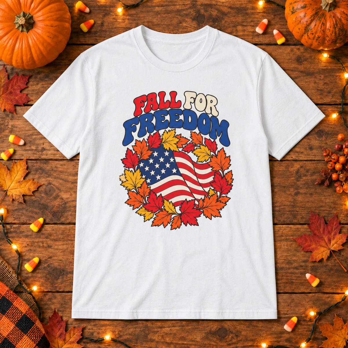 Fall for Freedom T-Shirt in White, themed wooden flat-lay mockup