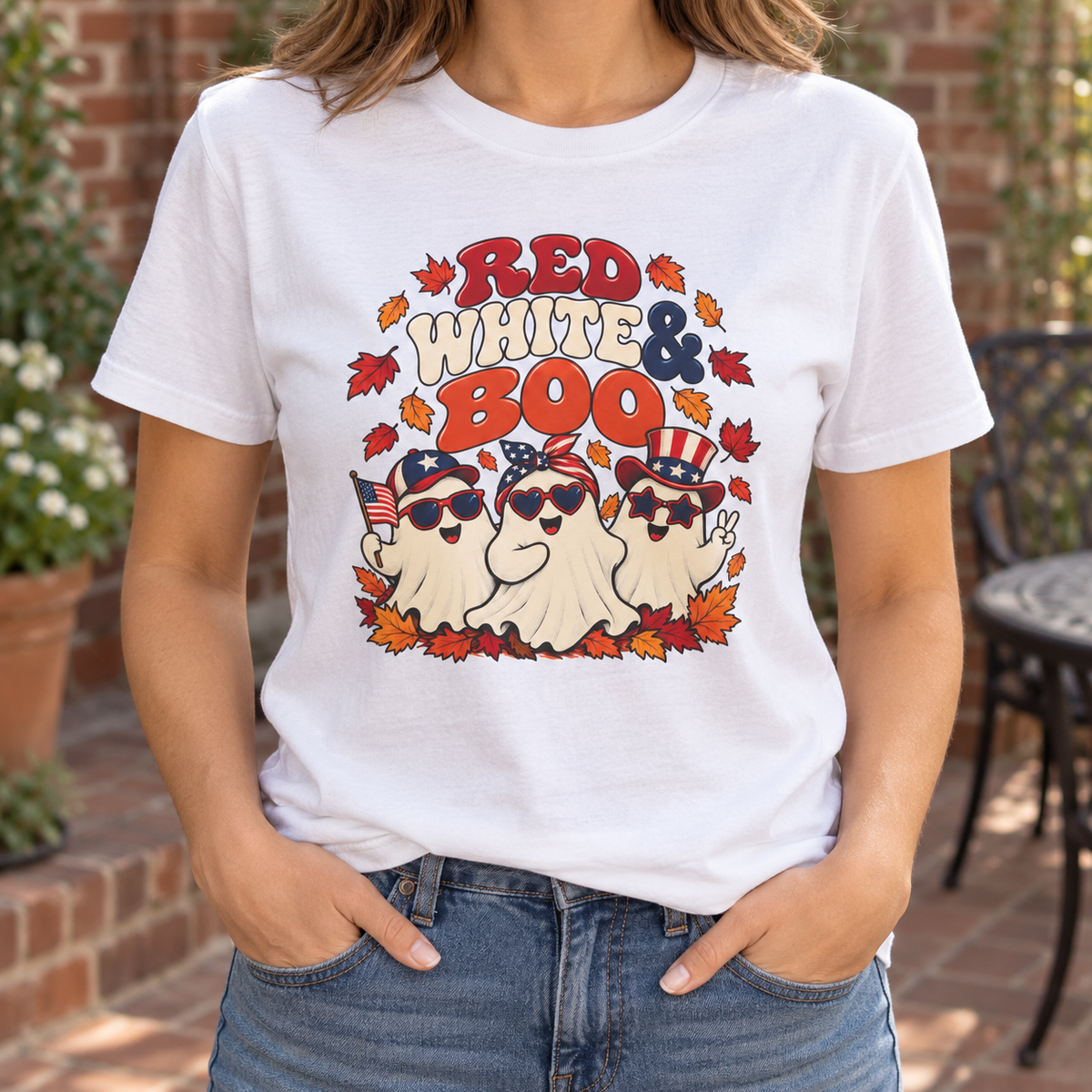 Red White & Boo T-Shirt in White, torso model mockup