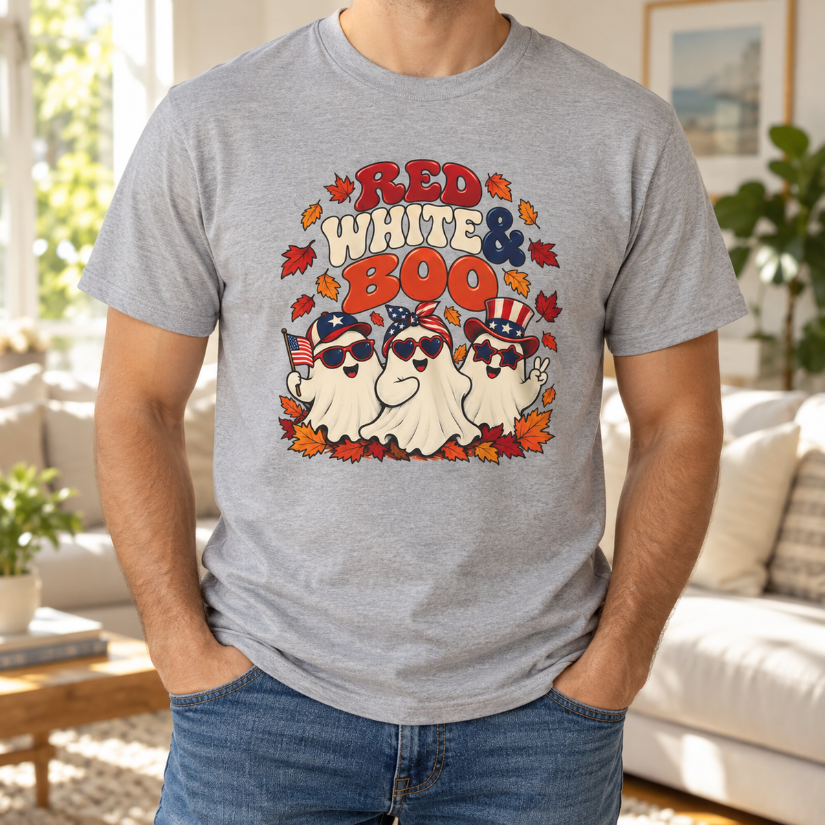 Red White & Boo T-Shirt in Gray, torso model mockup