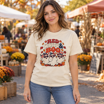 Red White & Boo T-Shirt in Beige, lifestyle model mockup