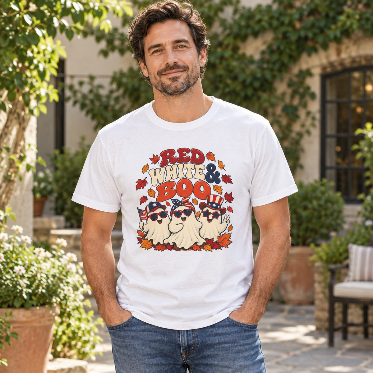 Red White & Boo T-Shirt in White, lifestyle model mockup