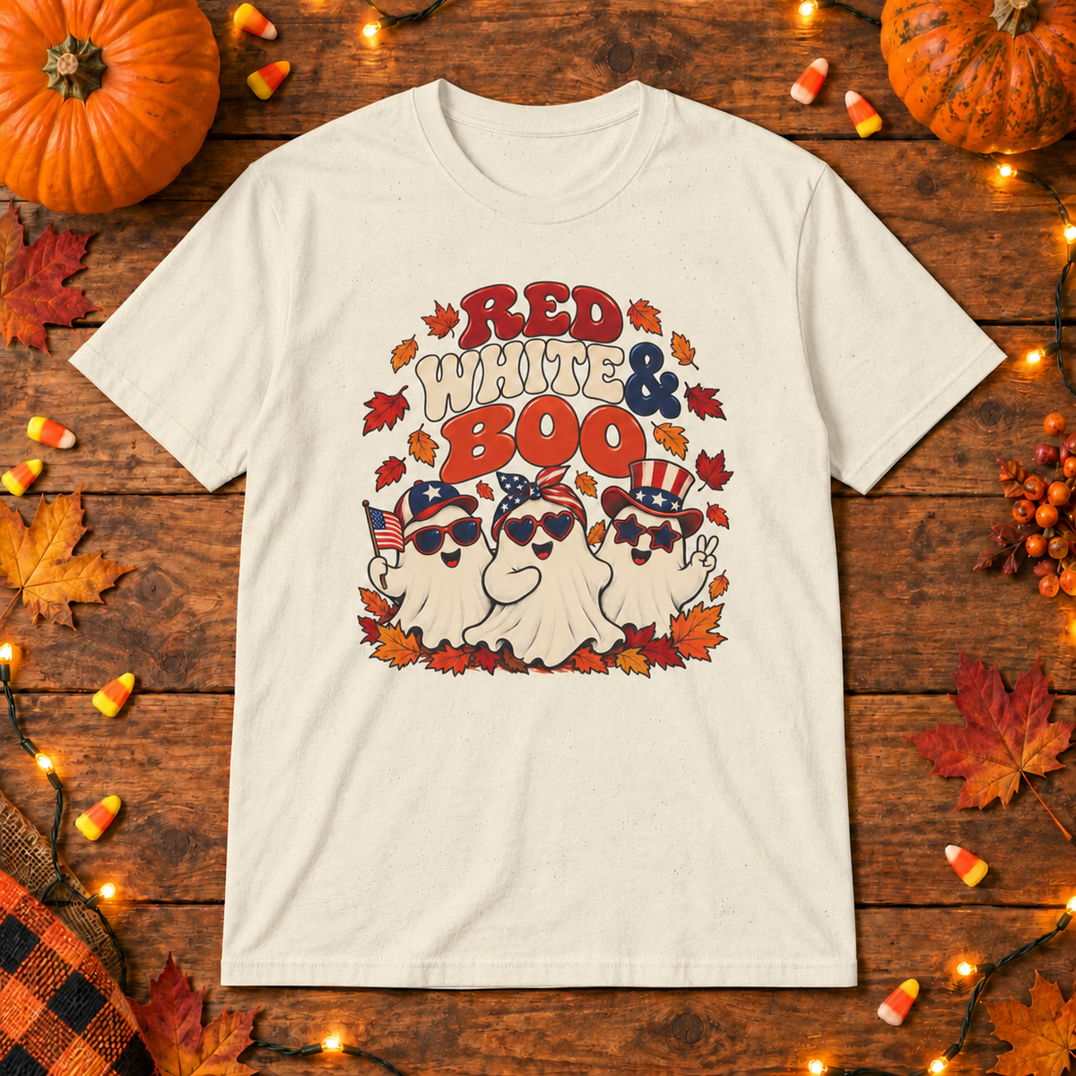 Red White & Boo T-Shirt in Beige, themed wooden flat-lay mockup