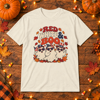 Red White & Boo T-Shirt in Beige, themed wooden flat-lay mockup