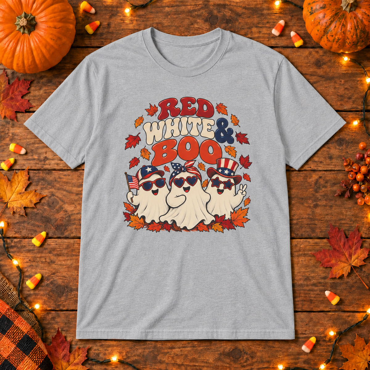 Red White & Boo T-Shirt in Gray, themed wooden flat-lay mockup