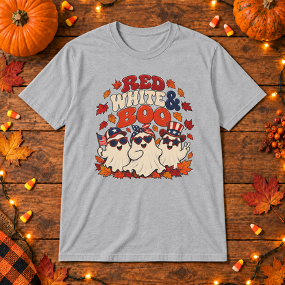 Red White & Boo T-Shirt in Gray, themed wooden flat-lay mockup
