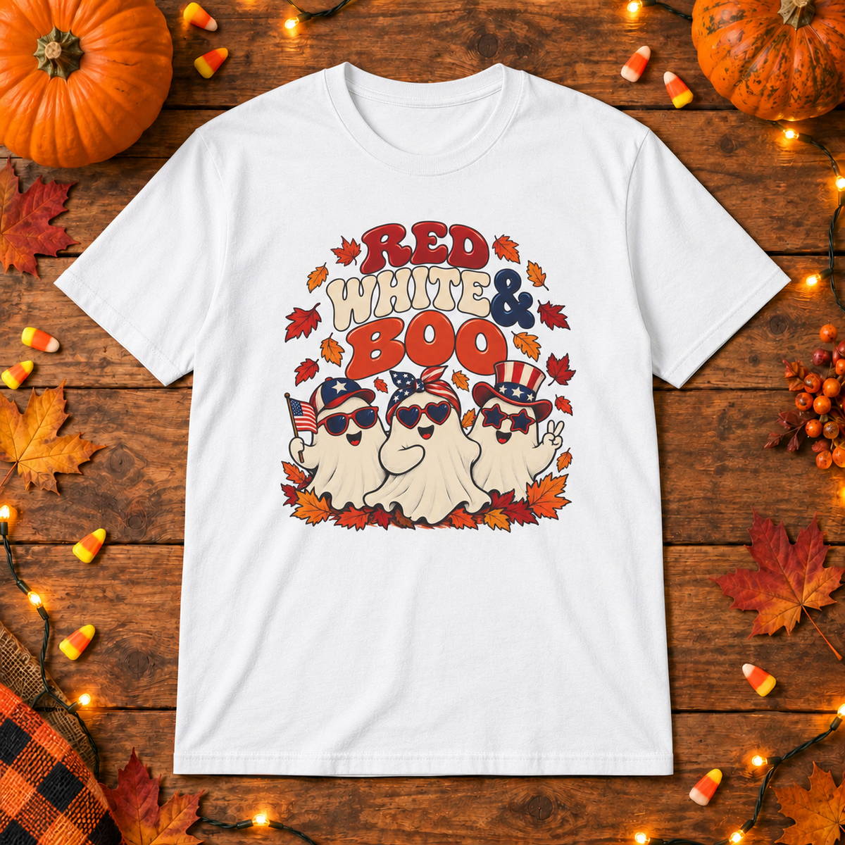 Red White & Boo T-Shirt in White, themed wooden flat-lay mockup