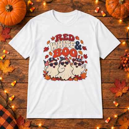Red White & Boo T-Shirt in White, themed wooden flat-lay mockup