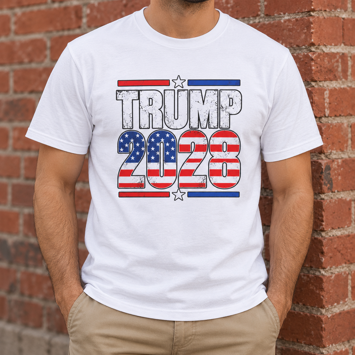 Trump 2028 T-Shirt in White, torso model mockup