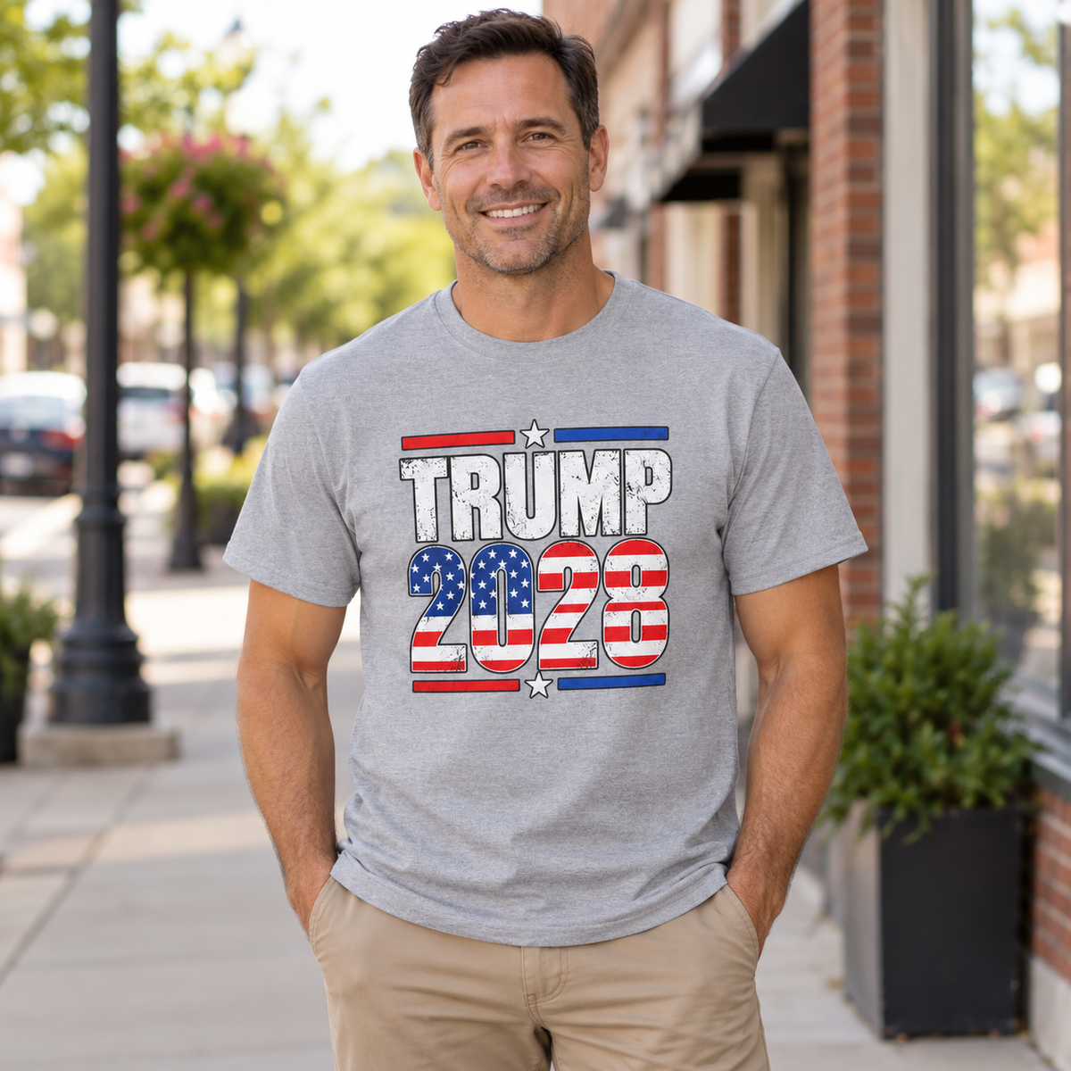 Trump 2028 T-Shirt in Gray, lifestyle model mockup