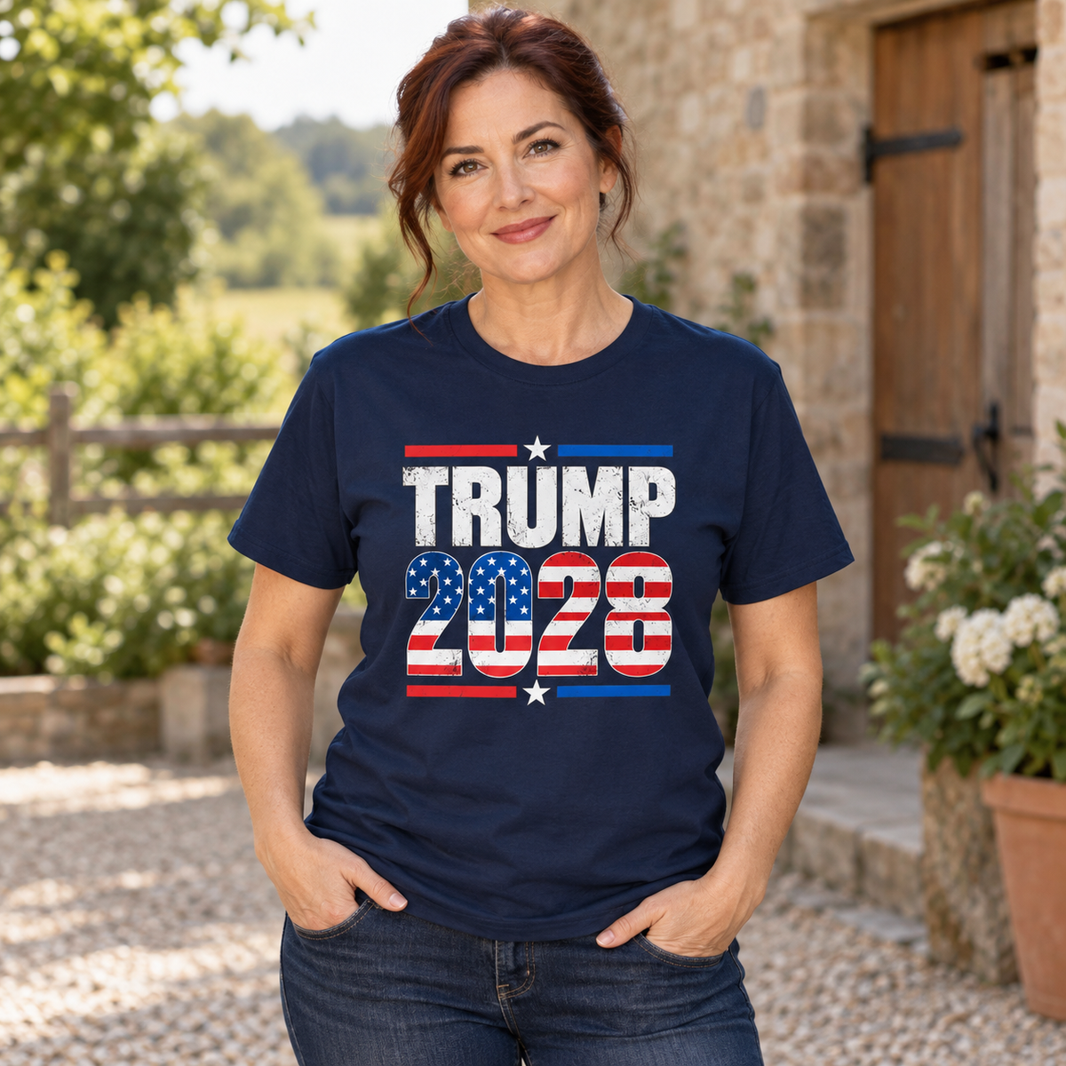 Trump 2028 T-Shirt in Navy Blue, lifestyle model mockup