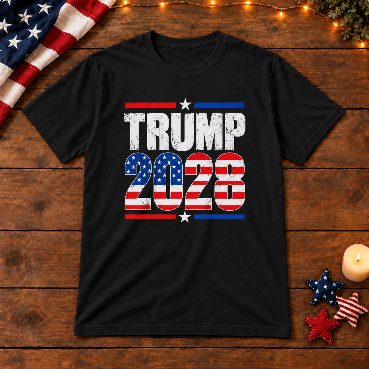 Trump 2028 T-Shirt in Black, themed wooden flat-lay mockup