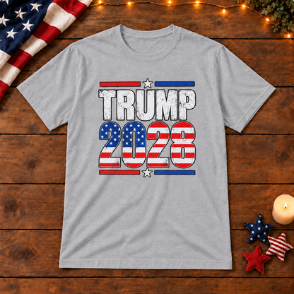 Trump 2028 T-Shirt in Gray, themed wooden flat-lay mockup