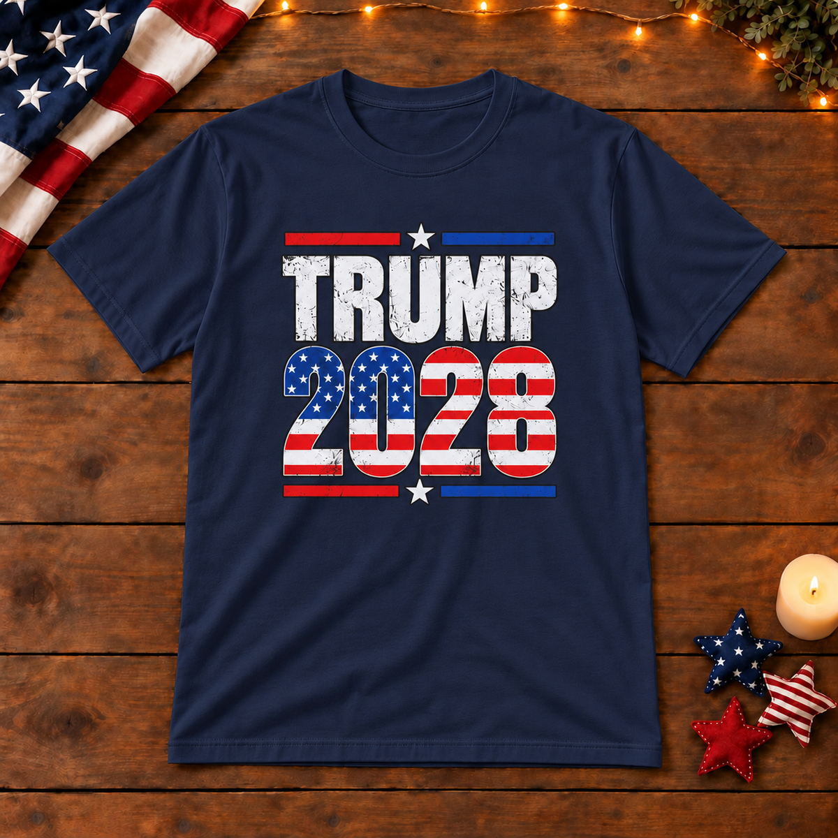 Trump 2028 T-Shirt in Navy Blue, themed wooden flat-lay mockup