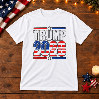 Trump 2028 T-Shirt in White, themed wooden flat-lay mockup