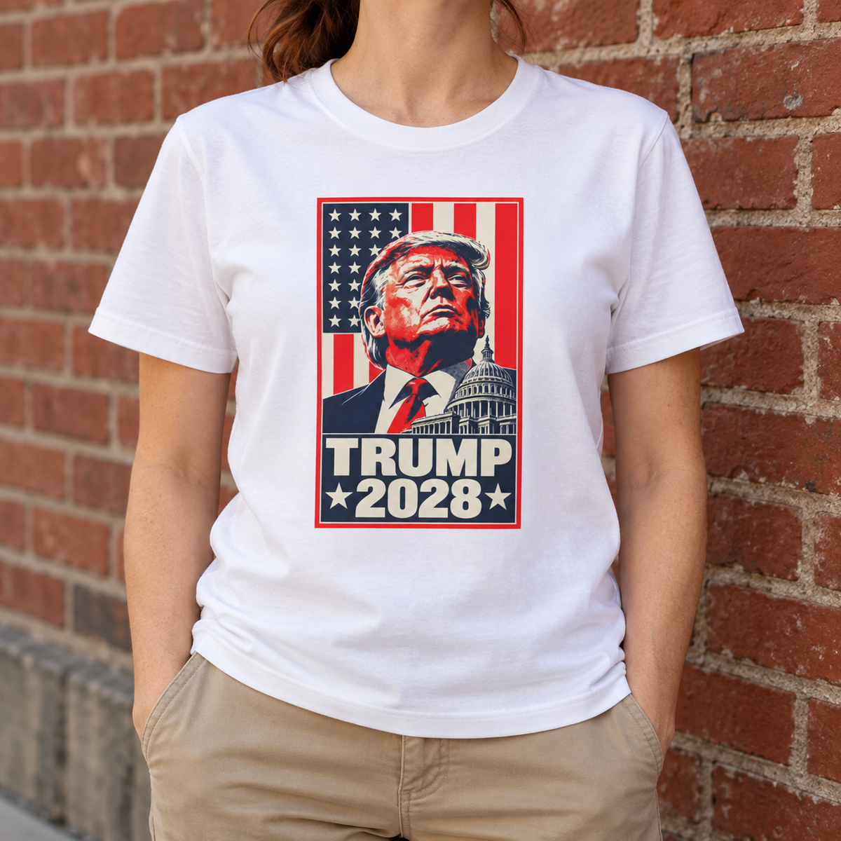 Trump 2028 Portrait T-Shirt in White, torso model mockup