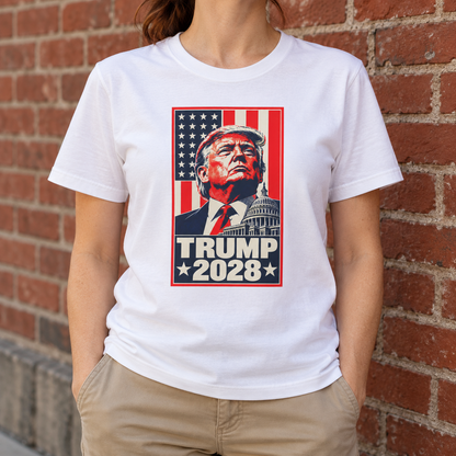 Trump 2028 Portrait T-Shirt in White, torso model mockup
