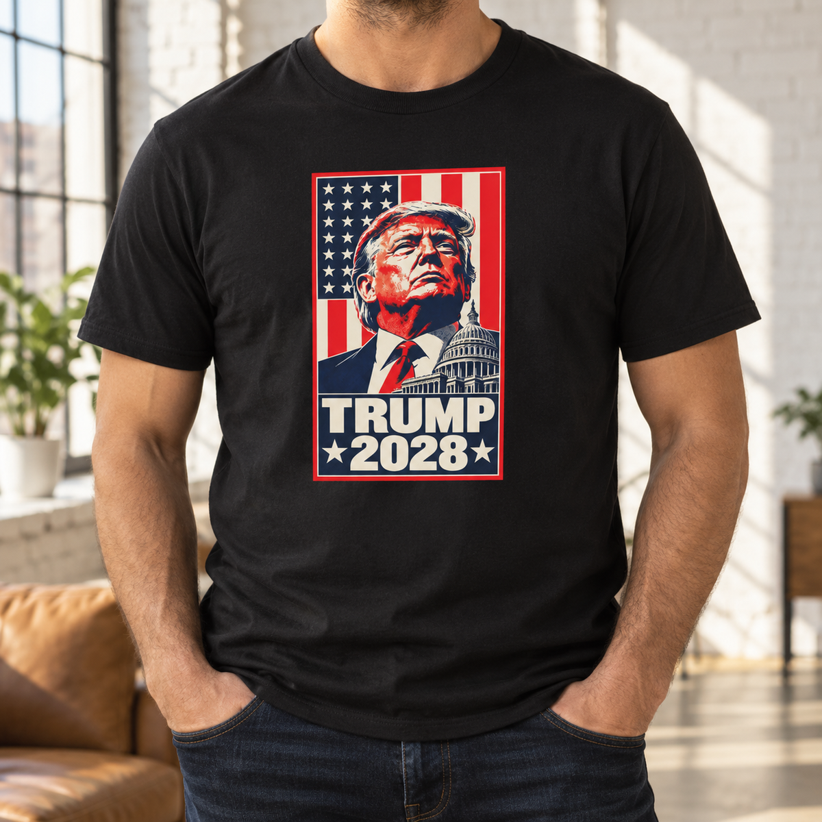 Trump 2028 Portrait T-Shirt in Black, torso model mockup